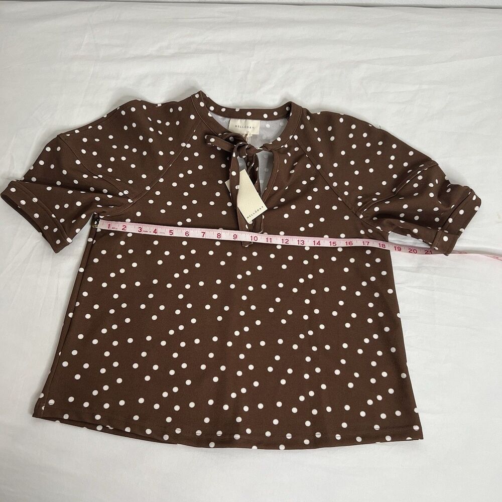 MELLODAY Women Top Brown Polka Dots White Short Sleeve Top Size XS - Picture 5 of 9